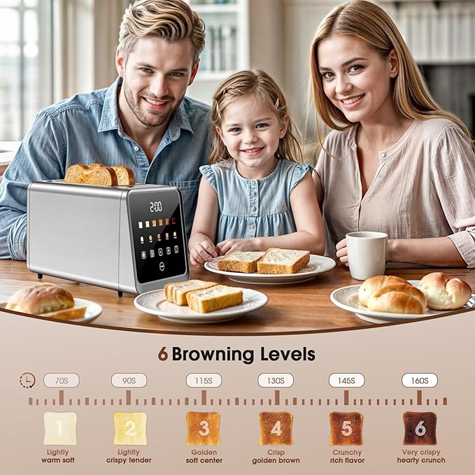 Touch Screen Toaster 2 Slice, Smart Digital with 1-Touch Memory, 1.5" Wide Slot for Bagels, 5 Bread Types & 6 Shade Settings, 900W, Defrost & Reheat