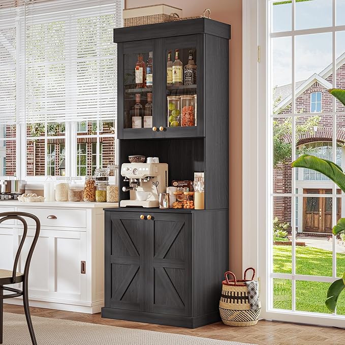 71" Tall Farmhouse Kitchen Pantry, Large Storage Cabinet with Glass Doors, Freestanding Coffee Bar Hutch with Microwave Stand, Adjustable Shelves for Kitchen, Living Room, Black