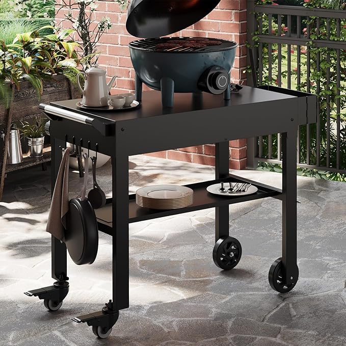 Portable Outdoor Grill Stand, Foldable Griddle Cart Table with Wheels, Pizza Oven Table Stand, Rolling Kitchen Work Table for BBQ Grilling, Food Trailer, Patio and Outdoor Cooking