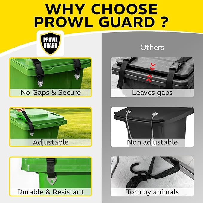 PROWL GUARD Trash Can Lid Lock – 2 Pack Animal & Raccoon Proof Trash Can Lid Straps for Outdoor Garbage Bins, Heavy Duty Adjustable Garbage Lock Clamps, Weather Resistant, Easy Install, 2 Pieces