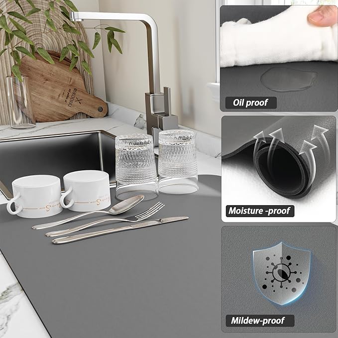 Dish Drying Mat for Kitchen Counter, Heat Resistant Drainer Mats with Non-slip Rubber Backed, Hide Stain Kitchen Super Absorbent Draining Mat, Easy to Clean Dish Rack Pad, Dark Grey 18"x28"