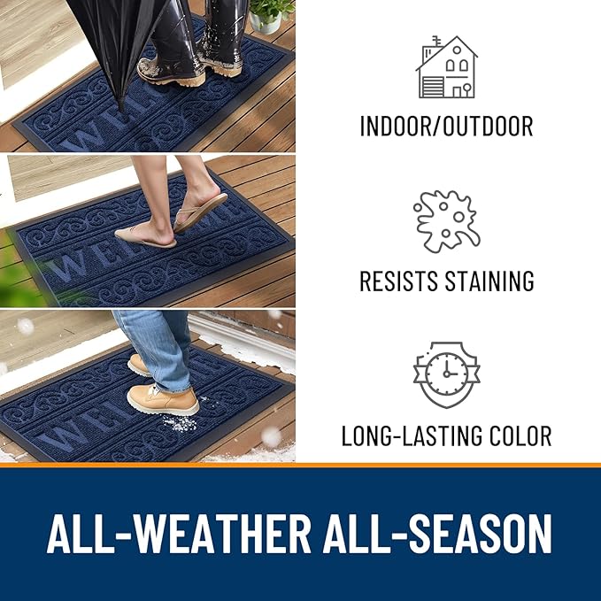 OLANLY Welcome Door Mat Indoor Outdoor Entrance, Heavy Duty Sturdy Front Door Mat, Waterproof All-Weather Doormat, Stain Resistant, Low Profile, Easy Clean Patio Entryway Mat, 36 x 24, Navy Blue