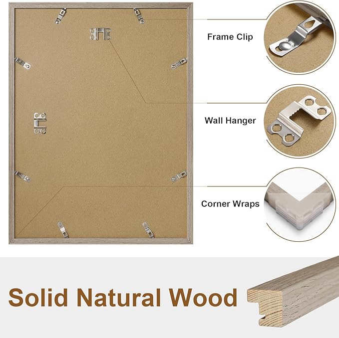 Vittanly 12x16 Picture Frame Set of 2, Solid Wood Frame for Wall Art Photo and Prints, Display Photo 8.5x11 with Mat or 12x16 without Mat, Light Brown