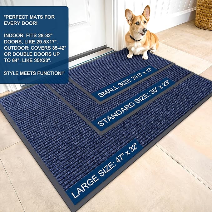 OLANLY Front Door Mat Indoor Outdoor Entrance, Waterproof Heavy Duty Doormat, Fade Resistant, Low Profile, Easy Clean Patio Porch Welcome Floor Mats for Entry, 47x30, Blue