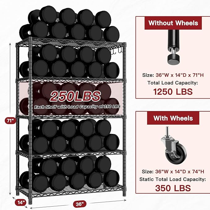 PrimeZone 74''H Wire Shelving 1250lbs 5 Tier Storage Shelves with Wheels NSF Certified Heavy Duty Steel Metal Shelf Adjustable Rolling Rack Kitchen Garage Closet Pantry Laundry 74''HX36''WX14''D 2PCS