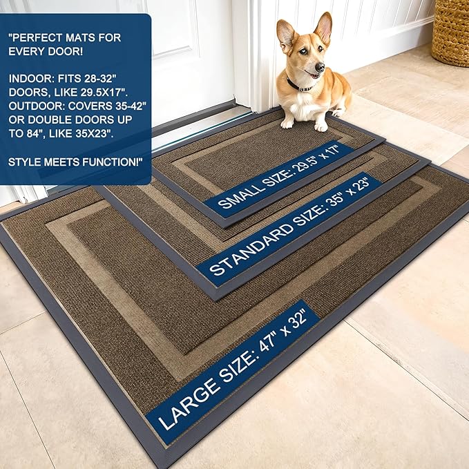 OLANLY Front Door Mat Indoor Outdoor Entrance, Waterproof All-Season, All-Weather Doormat, Sturdy Natural Rubber, Fade Resistant, Low Profile, Easy Clean Patio Porch Entryway Mat, 47x30, Brown