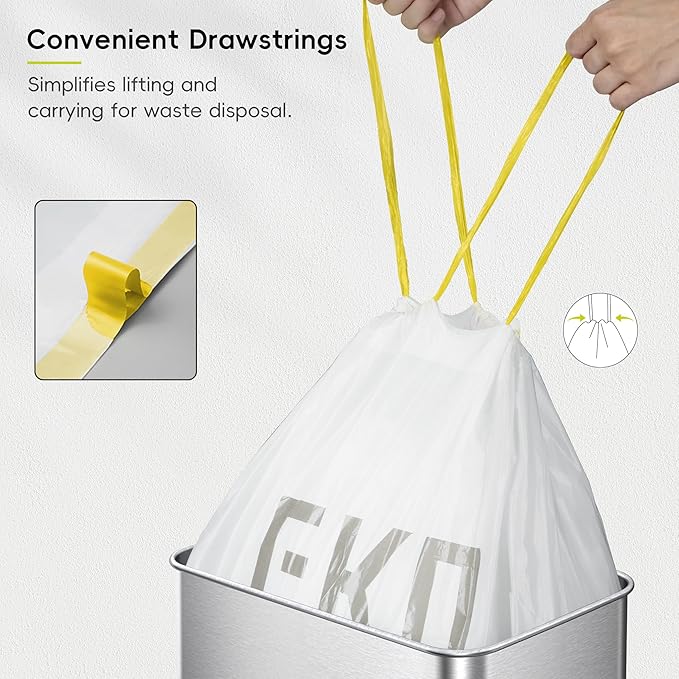 EKO 12.9 Gallon / 45-49 Liter, 60 Count Drawstring Trash Bags, Extra-Strong Unscented Garbage Bags, Easy-Dispense Roll for Kitchen & Household Use, Resists Tears, Leaks and Punctures, Code J, White