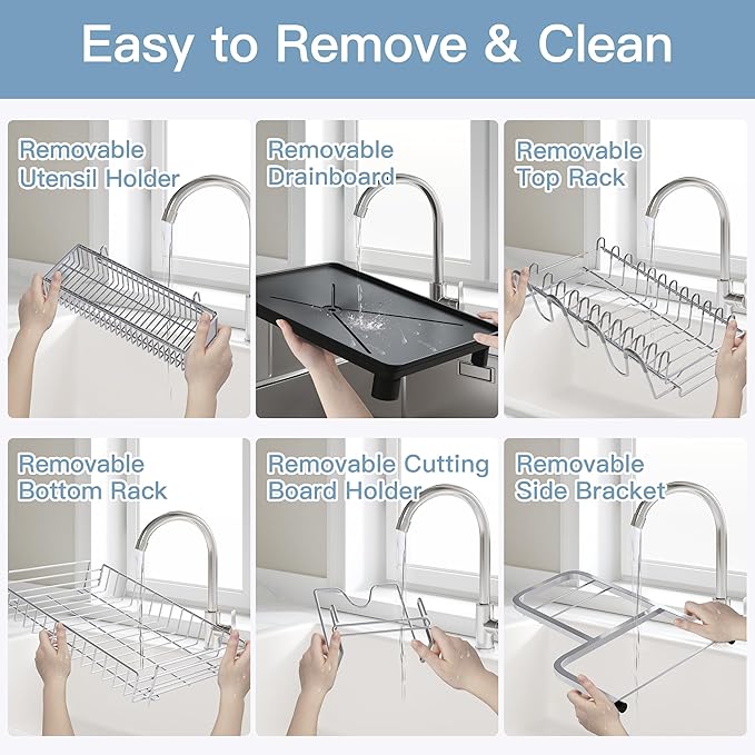2 Tier Gray Large Capacity Dish Drainers Drying Rack for Kitchen Counter, Metal Stainless Steel Rust Proof Plate Strainers Holder On Countertop with Drainboard Tray, Space Saving, Aesthetic Modern