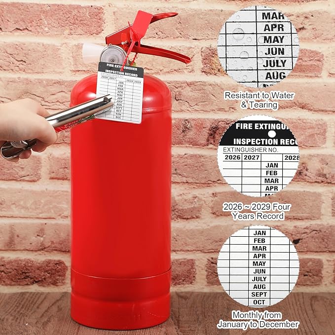 Moxweyeni 200 Set Fire Extinguisher Tag Bulk 2026-2029 Monthly Aluminum Metal Fire Extinguisher Inspection Record Tags with Tamper Seals & Hole Puncher - Tear Proof Weatherproof for Indoor Outdoor