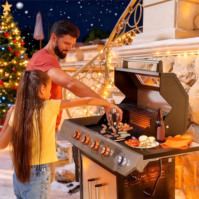 SKOK 4-Burner Led Gas BBQ Grill with Side Burner & Visual Glass, Barbecue Grill,60,000 BTU Stainless Steel Propane Grill 629 Sq. In. Grilling Area