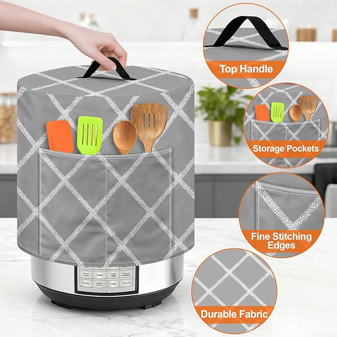 Kitchen Appliance Accessories Dust Cover for 3-6-8 Quart Instant Pot, Pressure Cooker, Air Fryer & Crock Pot,Decorative Appliance Cloth Cover with Top Handle & Storage Pockets (Grey, 8 Quart)