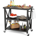 PHI VILLA Outdoor Grill Table, Elegant Grill Cart with Ceramic Wood Grain Table Top, Serving Cart with Shelves, Patio Grilling Backyard BBQ Grill Cart, Black