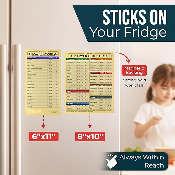 Cathy Yoder's Air Fryer Cheat Sheet Set, Air Fryer Accessories, AirFryer Cooking Guide Magnetic Cheat Sheet, AirFryer Cook Times Chart Magnet, Internal Food Temp for 80+ Popular Foods - Desert Tan