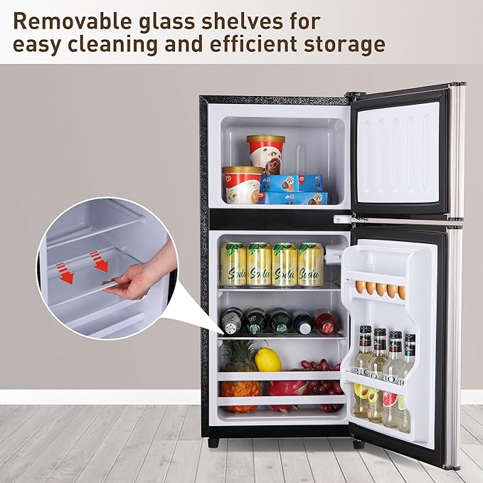 Mini Fridge with Freezer 3.2 Cu. Ft. Small Refrigerator with Freezer, 2 Door Dorm Fridge with Adjustable Thermostat & Shelves, Small Fridge for Apartment, College Dorm, Office, RV, Home, Silver