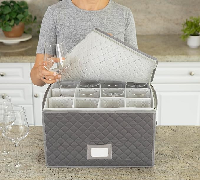 Stack Store Plus More Stemware Storage Case - Holds 12 Wine Glasses or Crystal Glassware with Label Holders and Fully Padded Inside - 16" x 13" x 10"H - Gray - Hard Sides and Stackable