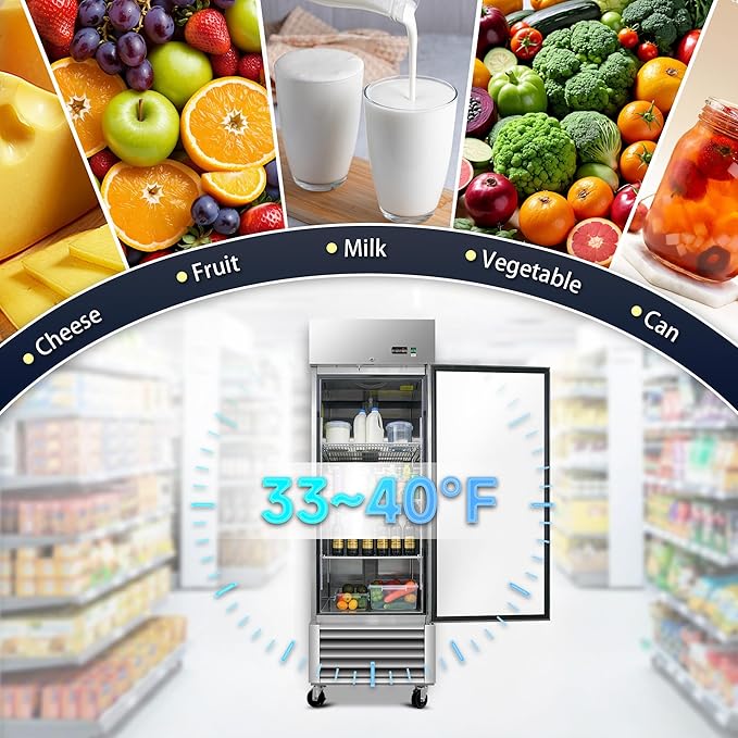 27" W Commercial Refrigerator 1 Door, 23 Cu.ft Commercial Fridge, Stainless Steel Reach-In Refrigerator Upright, ETL Approved for Restaurant, Bar, Shop