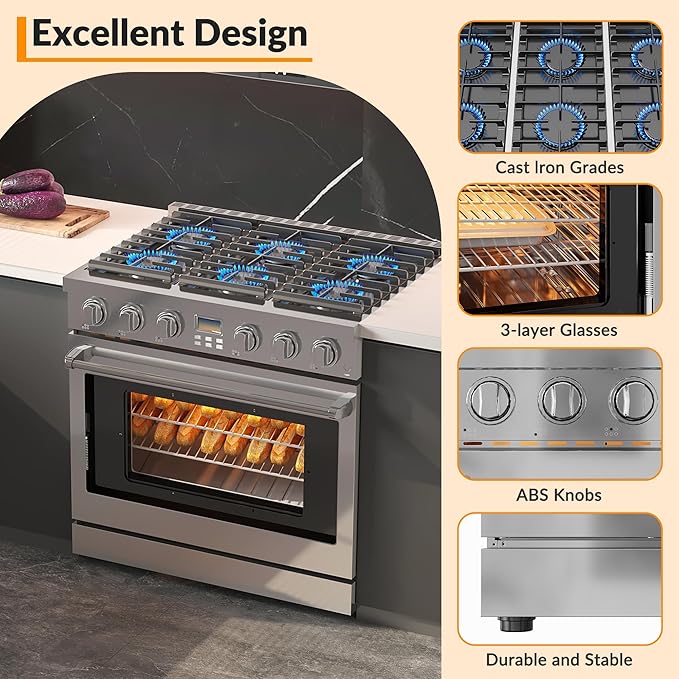 36 Inch Stainless Steel Dual Fuel Range, Freestanding Stove with 6 Sealed Gas Burners and a 6.0 Cu.Ft Self-Cleaning Electric Oven, Features True Convection for Home or Commercial Kitchens