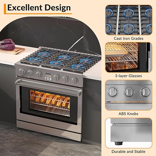 36 Inch Freestanding Dual Fuel Range Oven Stove, 6.0 Cu.Ft. Large Capacity, Professional-Grade True Convection & Self-Clean Oven, High-Powered 6 Sealed Gas Burner Cooktop, Stainless Steel