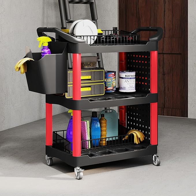 HOMCOM 3 Tier Utility Cart on Wheels, Rolling Tool Storage with Pegboards and Bucket, 200 LBS Load Capacity Plastic Service Cart for Garage, Warehouse, Workshop, Black and Red