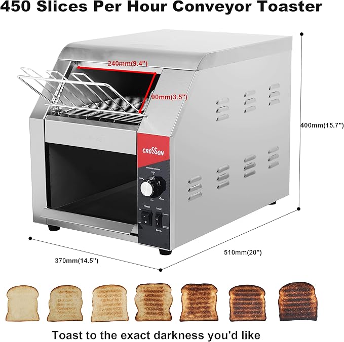 CROSSON ETL Listed Conveyor Toaster 450PCS/Hour 10" Wideness With 3" Opening Heavy Duty Commercial Toaster for Cafes,Buffets, Restaurants and Coffee shops-120V,1800W