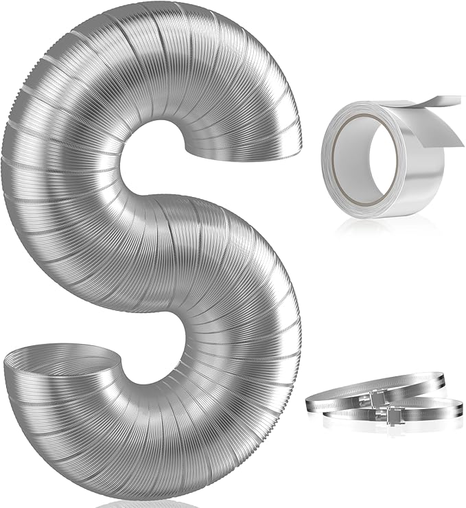 Hon&Guan 4-inch Semi Rigid Dryer Vent Hose, 5 Feet Flexible Aluminum Duct with 2 Clamps, and Aluminum Foil Tape