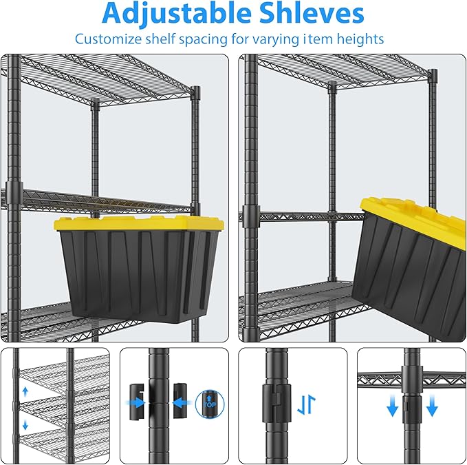 Homdox Heavy Duty Storage Shelves, 5 Tier Wire Shelving Unit with Wheels, Commercial Adjustable Metal Shelves for Storage, Garage Rack Pantry Shelves Kitchen Shelving, 24"x60"x82", Black