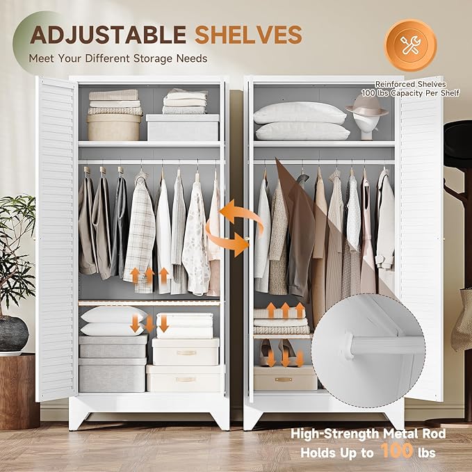 Letaya Metal Wardrobe Cabinets,71" Tall Armoire Wardrobe Closet with Fluted Doors and Shelves,Large Coat Closet Cabinet with Hanging Rod,Clothing Storage Cabinets for Home Room (White)