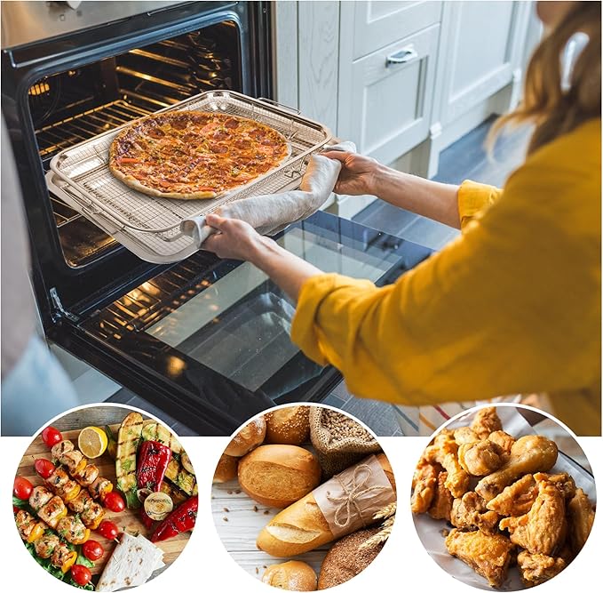 Extra Large Air Fryer Basket for Oven 18 x 12 Inch Stainless Steel, Oven Air Fryer Basket and Tray Set with 30 PCS Parchment Papers, Bacon Cooker Broiler Pan for Oven, Bakeware Sets Oven Rack-2 Piece