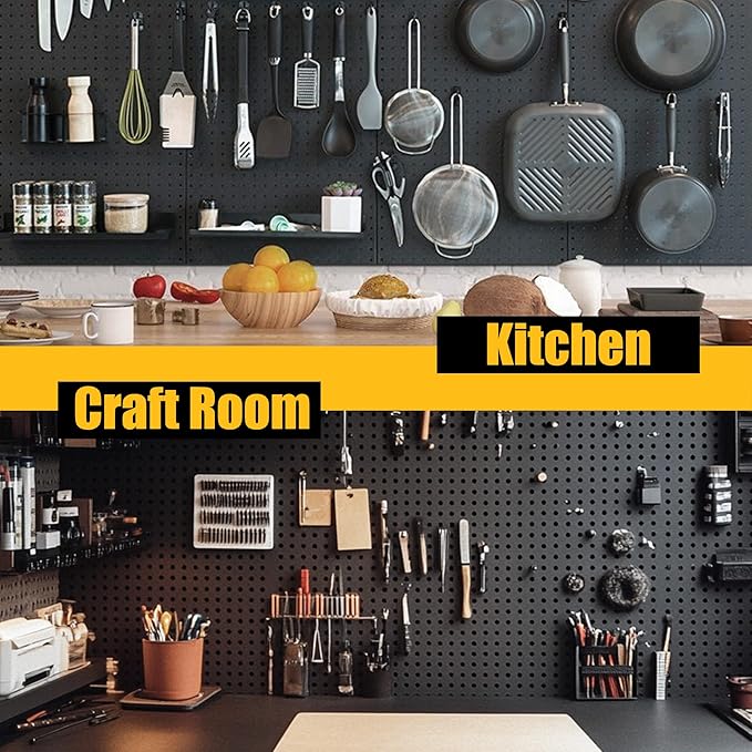 Peg Board, 8 Pack Metal Pegboard Panels with 50 Hooks, Black Pegboards Wall Organizer, Heavy Duty Peg Board for Walls Home, Garage Tool Storage, Office Organization, Craft Room, Kitchen