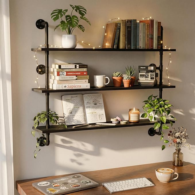 Industrial Pipe Shelving Rustic Black Wall Shelves with Wood Planks Industrial Floating Shelves 48 Inch 3 Tier Farmhouse Bookshelf Pipe Shelves Wall Mounted,Open Shelving For living room/office