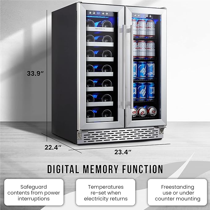 Phiestina Beverage Refrigerator, 24 Inch Wine and Beverage Fridge, Under Counter Wine Cooler- 20 Bottles & 78 Cans, Built-in/Freestanding Dual Zone with Glass Door