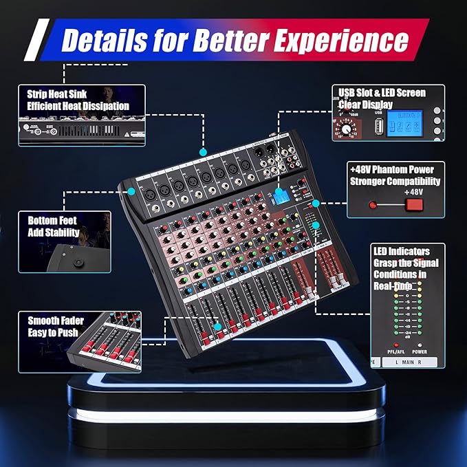 8 Channel Professional Audio Mixer, DJ Controller Sound Mixer Bluetooth Compatible Bluetooth Sound Board DJ Mixers with 48V Phantom Power USB Interface Stereo Mixing Console