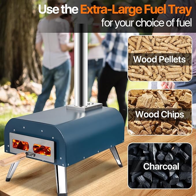 Pizza Oven 13 Inch Outdoor Wood Fired Portable Stainless Steel Pizza Oven with Pizza Stone for Family Outside Cooking Camping Backyard BBQ Pizza Maker Garden Kitchen(Blue-gery13IN)