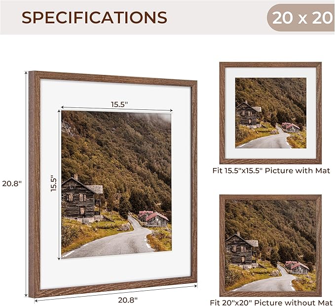 Fun Memories 20x20 Square Picture Frames, Rustic Solid Oak Wood Frame for Wall, Wooden Photo Frame with Tempered Real Glass, Matted to 16x16, Walnut Color, Set of 2