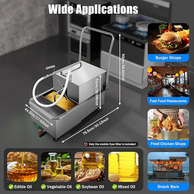 55 L /14.5 Gal Commercial Mobile Fryer Filter Machine 550W Restaurant Oil Filter Machine Mobile Fryer Oil Filter Machine with Filter Papers Fryer Oil Filter Cart for Supermarket, Restaurant