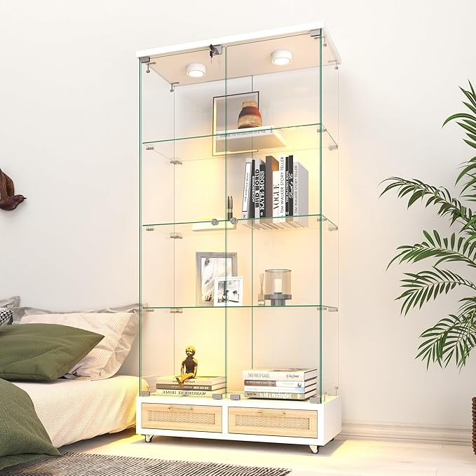 Yoluckea 4 Tier Glass Display Cabinet with LED Lighting and 2 Drawers, 2 Doors Floor Standing Curio Cabinet with Wheel for Home, Office, Corner Display, White Glass Bookshelf for Collections and Decor