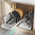 Pull Out Pots and Pans Organizer Under Cabinet, Expandable Sliding Lid Holder and Pan Rack for Kitchen, Slide Out inside Cabinet for Pot Lid, Bakeware, Dishes, 10 Adjustable Dividers, 2 Pack White