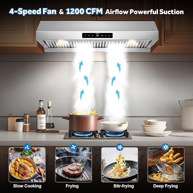 36 inch Under Cabinet Range Hood 1200 CFM with 4-Speed Gesture Sensing & Touch Control, Stainless Steel Kitchen Stove Vent Hoods with 2 LED Lights, Time Setting, Dishwasher-Safe Baffle Filters