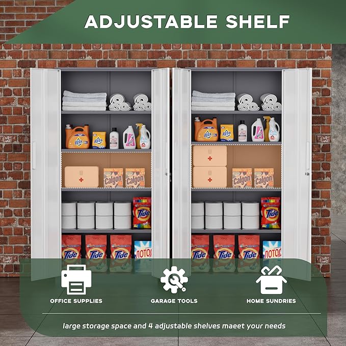 Greenvelly Metal Storage Cabinet, 72" Locking Metal Garage Storage Cabinet with Doors and 4 Adjustable Shelves, Lockable Steel Cabinet for Home Office, Garage, Shop, School (White Grey 32" W x 16" D)