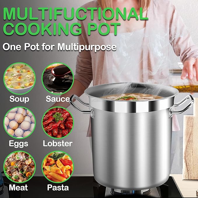 Stock Pot 20 Quart with Lid – Stainless Steel Cooking Pot for Soup, Stew, and Pasta – Heavy Duty Induction Compatible Stockpot for Kitchen or Commercial Use, Oven Safe