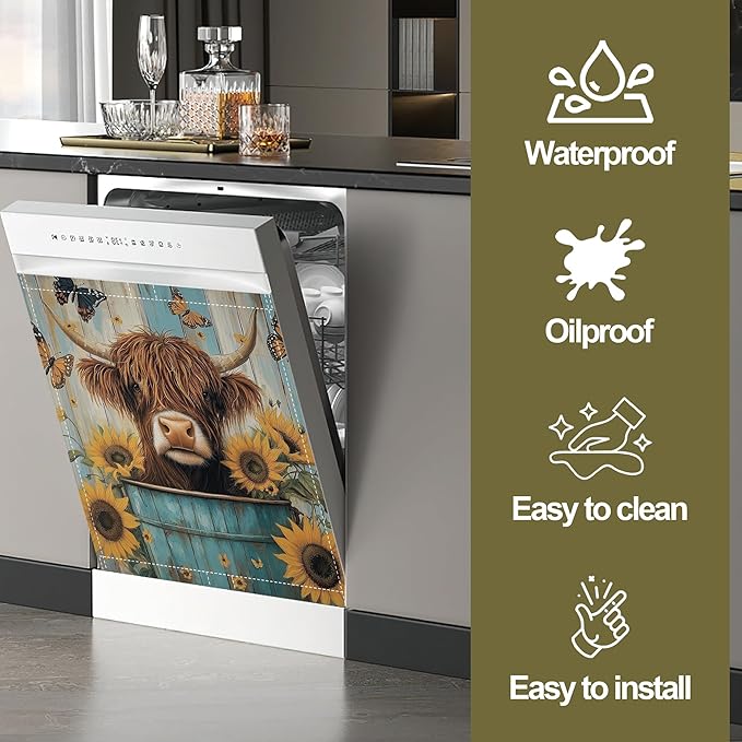 Highland Cow Magnetic Dishwasher Cover,Sunflower Butterfly Dishwasher Covers for The Front Magnetic Dishwasher Panel Decal Cover for Kitchen 23x26inch