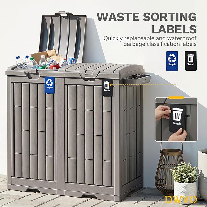 DWVO 76 Gallon Outdoor Trash Can, Dual-Compartment Resin Garbage Bin with Lid, Includes 2 Sorting Labels, Ash Holder, Stakes & Suction Cups, Hideaway Storage for Patio Backyard Garden, Light Brown