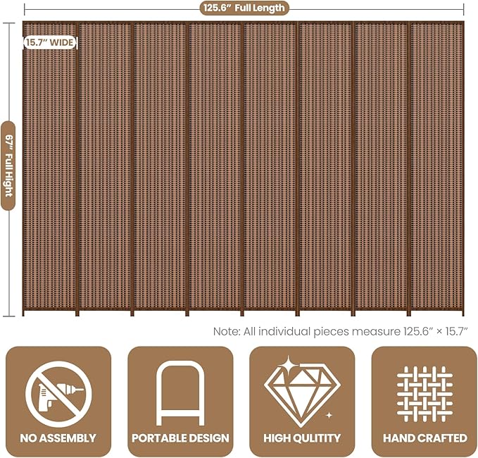 8 Panel Room Divider and Extra Wide Folding Privacy Screen, 126" W x 67" H, Bamboo Room Divider for Room Separation