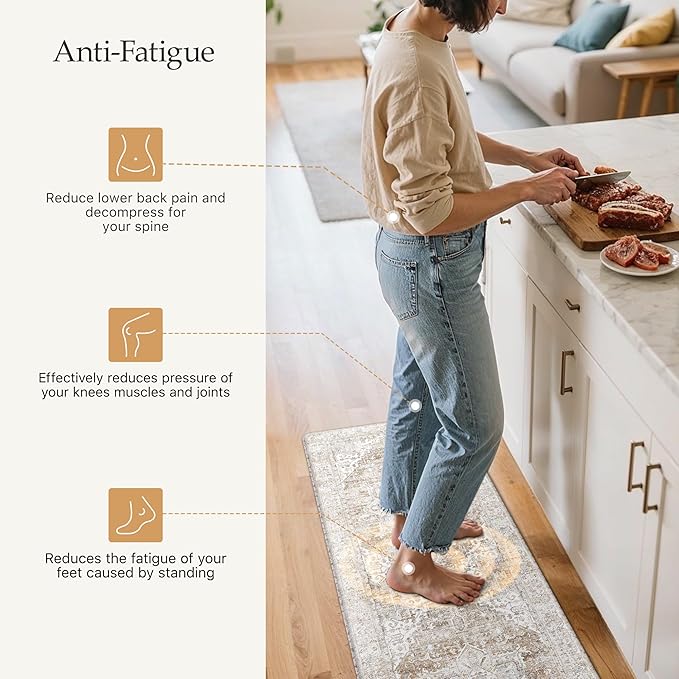 GENIMO Kitchen Mats for Floor, 2PCS Kitchen Rugs Non Slip Washable, Waterproof Anti Fatigue Mat, Comfort Standing Runner Rug for Sink, Office, Laundry, Home, 17.3"x59"+17.3"x30", Blue&Brown