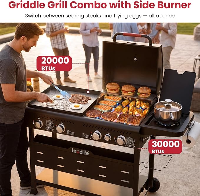 Propane Gas Griddle Grill Combo with Side Burner, Non-Stick Porcelain-Enameled Cast Iron Grate & Pan, 5 Burners Dual BBQ Grills, 702 SQ.IN Cooking Area, Heavy-Duty Stand for Backyard