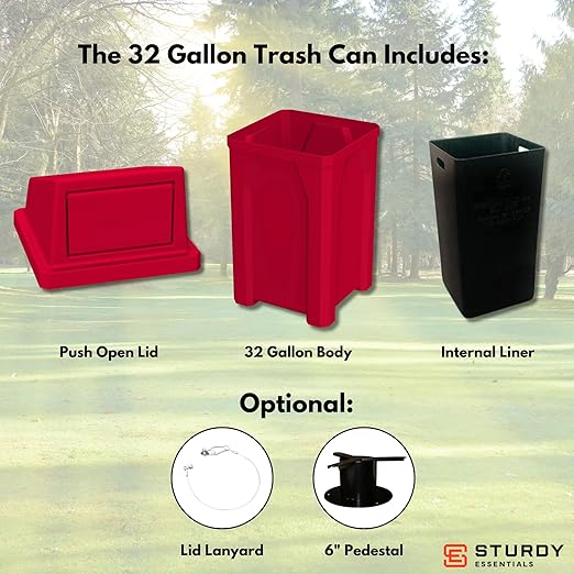 Campus Collection 32 Gallon Square 100% Recycled Plastic Heavy Duty Indoor or Outdoor Commercial Trash Can with Push Lid | Great for Schools and Businesses - Red
