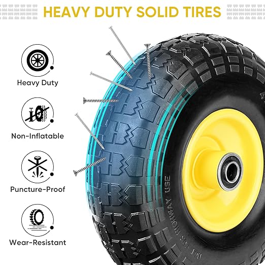 TICONN 4.00-6 Tire and Wheel Flat Free, 2 Pack 13" Solid Tires with 5/8" Axle Bore Hole and Double Sealed Bearings, Perfect for Wheelbarrow, Garden Cart, Wagon, Dolly (Yellow, 2PK)