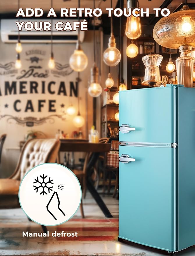 3.2 Cu.Ft Fridge with Freezer, Double Door Refrigerator with 7 Level Thermostat, LED Light, Adjustable Shelves, Food Storage Cooling Drink for Bedroom, Office, Dorm, Apartment, Blue