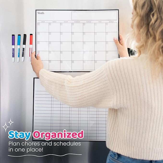 Cinch Magnetic Dry Erase Calendar & Chores Chart for Kids Bundle for Fridge: 2 Boards Included 17"x12", 6 Fine Tip Markers & Large Eraser w/Magnets, Chore Chart Magnetic Board for Kids and Adults