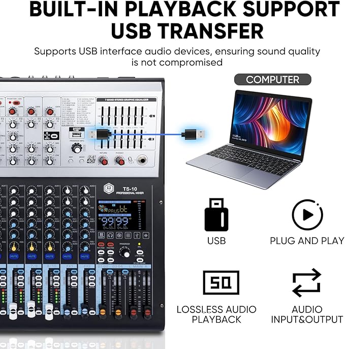 W IN-MIX 10 Channel Professional Multi-Functional Mixer,99DSP Digital Effects, MP3 Player, 48V Phantom Power with Independent Mute Switches Audio Console For Studio & Stage
